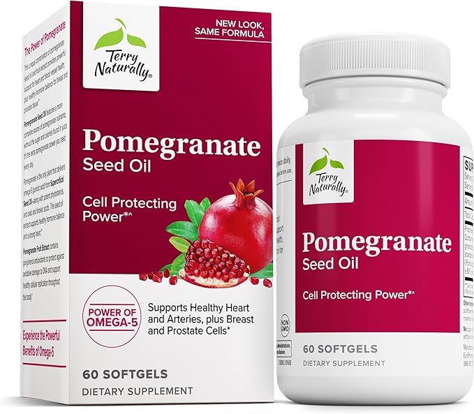 Terry Naturally Pomegranate Seed Oil - Dietary Supplement to Support Cardiovascular Health - Herbal Non-GMO Supplement with Omega-5 &amp Pomegranate Extract - 60 Softgels