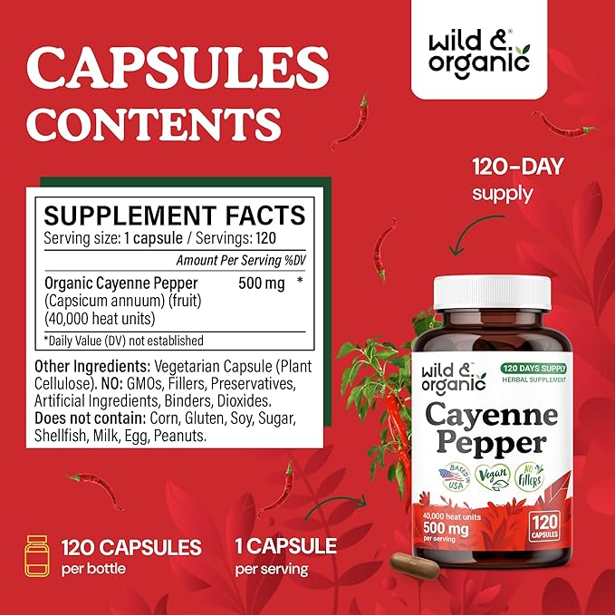 Wild &amp Organic Cayenne Pepper Capsules 500 mg - Digestive Support - Pure Cayenne Pepper Extract - Capsaicin Supplements - Vegan No Fillers Non-GMO - 120 Count