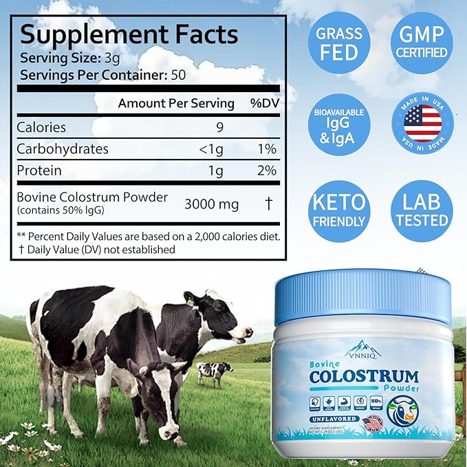 Bovine Colostrum Powder Supplements 3000mg IgG Grass-Fed Orgainc Freeze Dried Colostrum for Women &amp Men | Supports Gut Health Hair Health Immune Defense &amp Muscle Recovery Unflavored 50 S