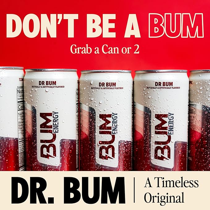 BUM Sugar-Free Energy Drink Dr BUM - Lightly Carbonated &amp No Artificial Colors Natural Caffeine &amp Citicoline for Energy &amp Focus Brain Boost &amp Workout Sports Beverage - 12 oz 12-Pac