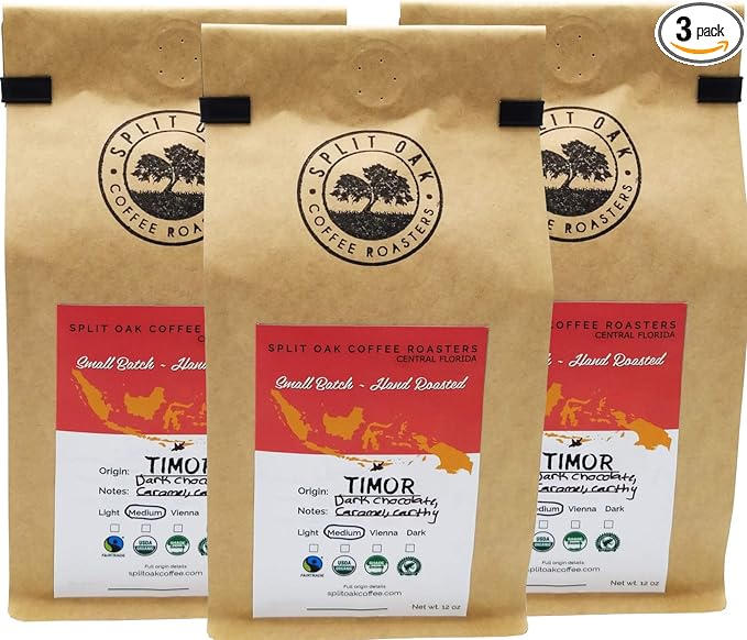 Organic Timor Roasted Whole Coffee Beans 12oz Medium Roasted Coffee Syrupy Notes Dark chocolate Roasted Fresh By Hand Small Batches Fair Trade Perfectly Balanced Taste. (3 Pack)