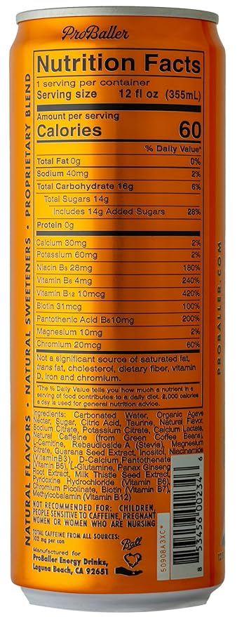 ProBaller Clean Energy Drink - Athlete-Grade Energy for Focus &amp Performance Naturally Sweetened with Agave NSF Certified for Sport Natural Caffeine Biotin Electrolytes Amino Acids &amp B Vi