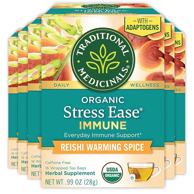Traditional Medicinals Tea Organic Stress Ease Immune with Adaptogens Everyday Immune Support Reishi Warming Spice 96 Tea Bags
