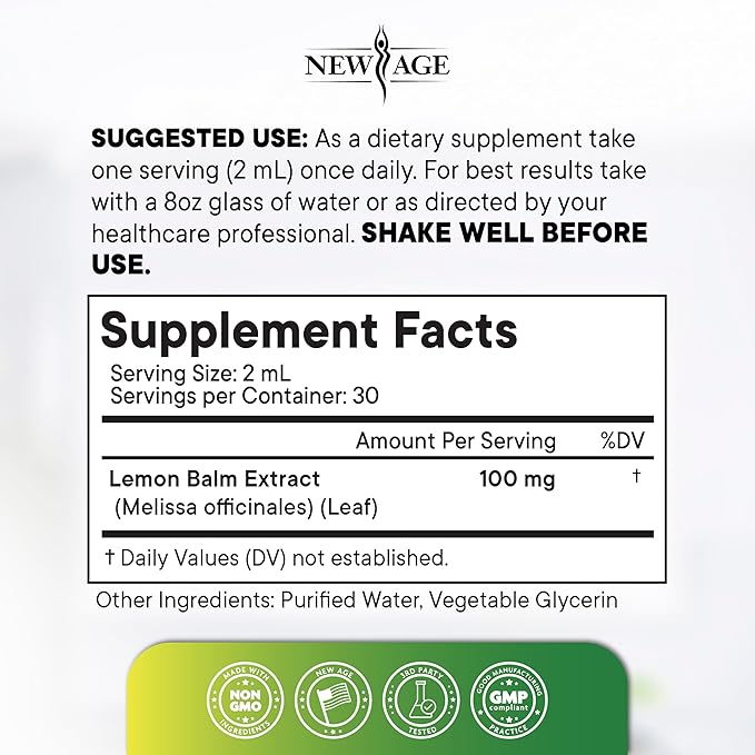 NEW AGE Lemon Balm Tincture - Mood Support Supplement - Lemon Balm Leaf Extract Drops - Vegan Sugar &amp Alcohol-Free Calming Supplement - 4 fl oz