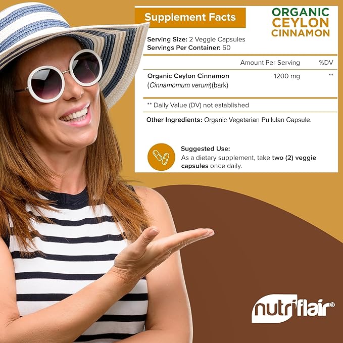 NutriFlair Organic Ceylon Cinnamon Supplement 1200mg 120 Capsules - USDA Certified - Non-GMO Gluten Free Powder Antioxidant Pills