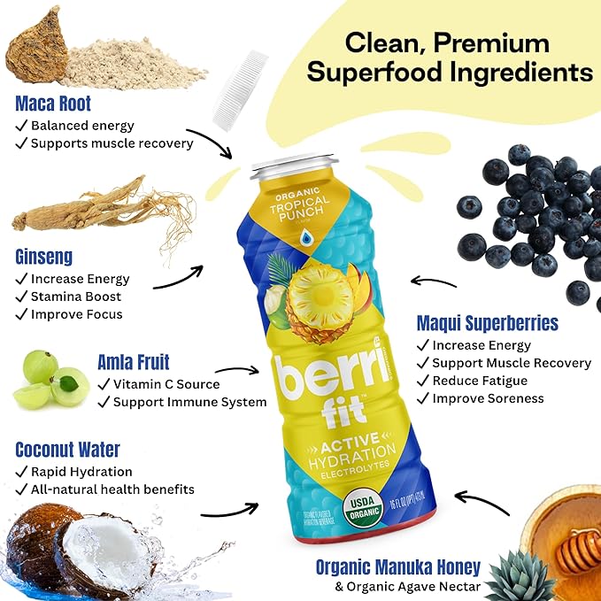 Berri Fit Hydration - Organic Tropical Fruit Flavor Natural Sports Drink - Plant-Based Electrolyte Beverage – Low Calorie Paleo Coconut Water Solution 16oz 12ct…