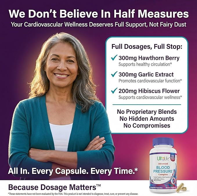 ULTALIFE Blood Pressure Supplements - Advanced Blood Pressure Supplement Complex - Hawthorn Berry Hibiscus Garlic Forskolin - 14 Vitamins &amp Herbs 30 Day Supply in Veggie Capsules