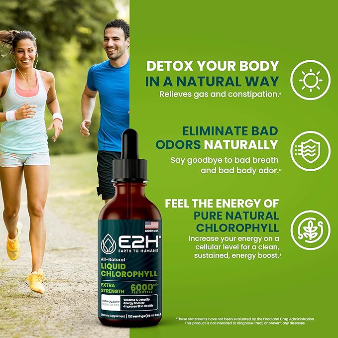 E2H Chlorophyll Liquid Drops - All-Natural Flavored Energy Booster Immune System Support and Internal Deodorant - Vegan - Gluten Free - Non-GMO - 2 Fl Oz