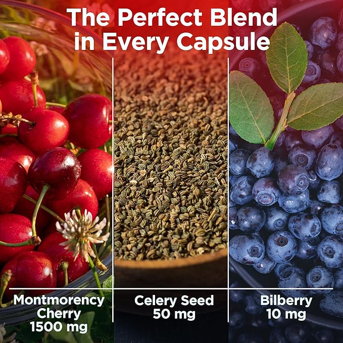 Tart Cherry Extract Capsules with Celery Seed Extract and Bilberry for Joint Support Muscle Recovery and Uric Acid Flush Support Made in The USA - 90 Tart Cherry Capsules