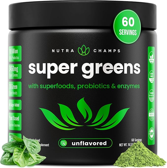 NutraChamps Super Greens Powder Premium Superfood | 20+ Organic Green Veggie Whole Foods | Alfalfa Spirulina Chlorella &amp More | Antioxidant Digestive Enzyme &amp Probiotic Blends | Unflavored
