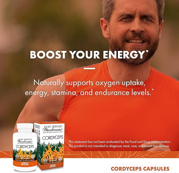Host Defense Cordyceps Capsules - Immune &amp Energy Support Supplement - Kidney Health Supplement with Cordyceps - Fitness Support Supplement to Aid Oxygen Uptake - 120 Capsules (60 Servings)*