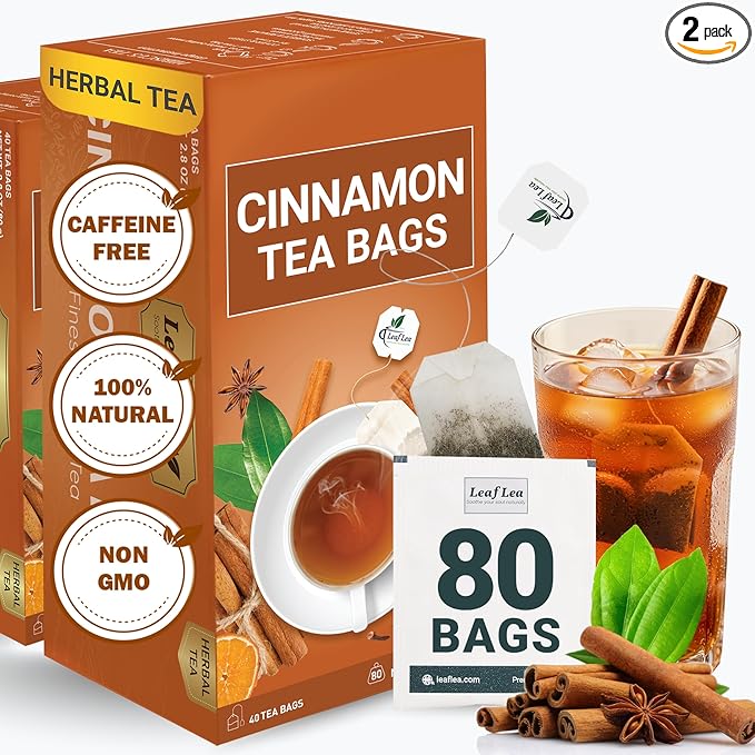 LeafLea Cinnamon Tea Bags 80 Count (2-Pack) 100% Natural Ground Cinnamon Stick Herbal Tea Spiced and Warming Flavor for Relaxation Caffeine-Free Sugar-Free Vegan