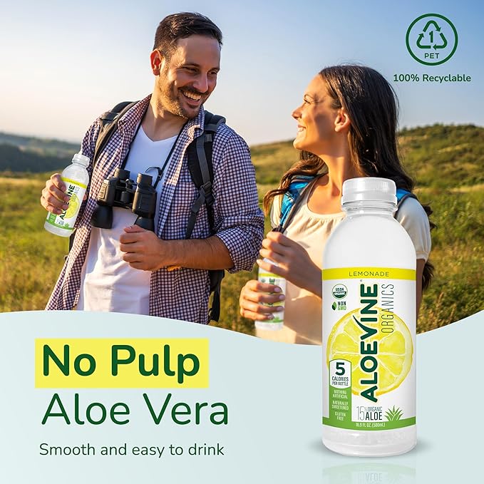 Aloe Vera Juice No-Pulp Organic Aloe Vera Drink Healthy Juice with Aloe Powder and Lemon Juice 5 Calories Low Sugar No Artificial Ingredients 16.9 oz 12 Pack Lemonade - Aloevine Organics