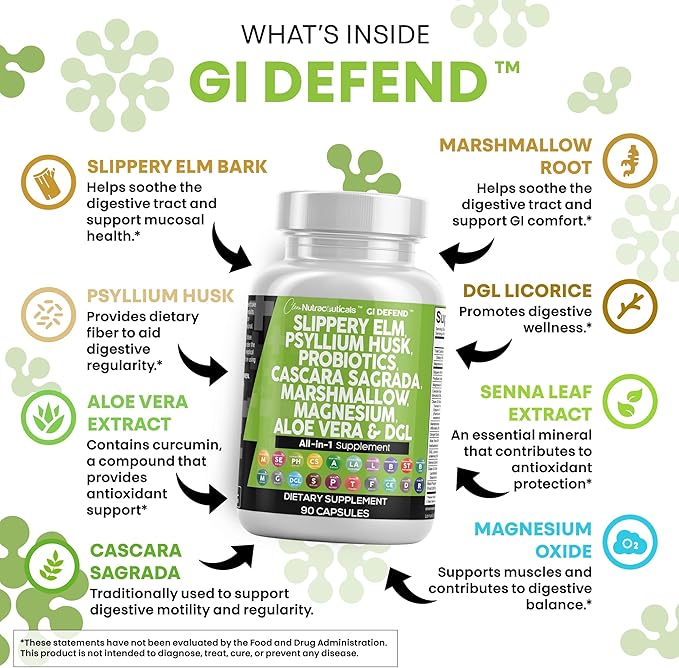 Clean Nutraceuticals Slippery Elm Psyllium Husk Pre Probiotic Digestive Gut Health Supplement with Aloe Vera Cascara Sagrada Marshmallow Root DGL Licorice Senna Extract (Pack of 2)