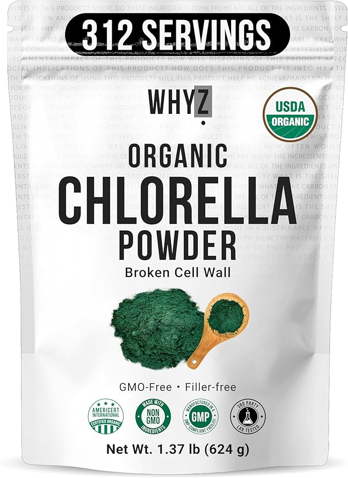 Organic Chlorella Powder 22 oz Raw Premium Superfood Rich in Vegan Protein &amp Chlorophyll Non-GMO Vegan-Friendly Supplement 312 Servings 1.37 lb (624g)