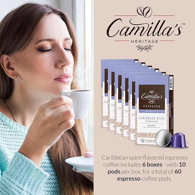 Camilla’s Heritage - Intensity 8 Caribbean Spice Flavored Espresso Coffee Gourmet Espresso Cups 60 Coffee Pods