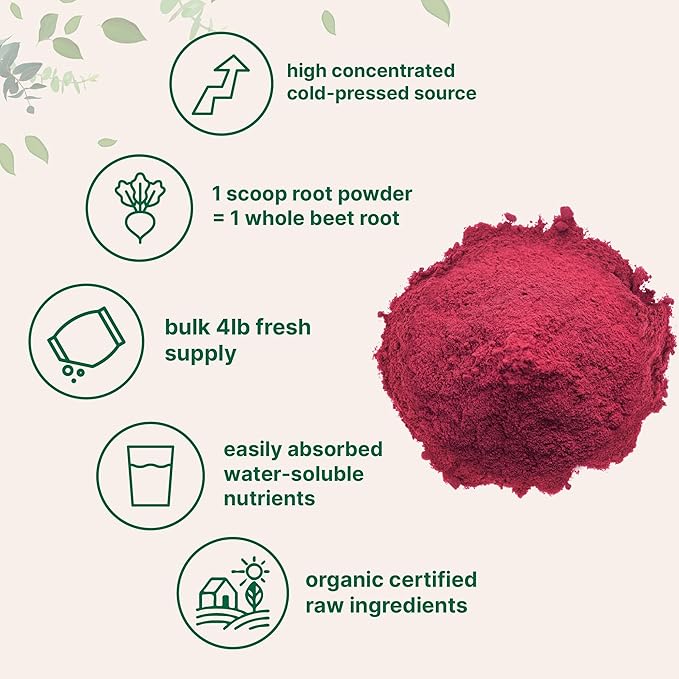 Organic Beet Root Powder 4 Pounds | Cold Pressed Water Soluble High Concentrated Raw Beet Supplement | Superfood Drink Mix | Non-GMO Vegan Friendly Plant Based