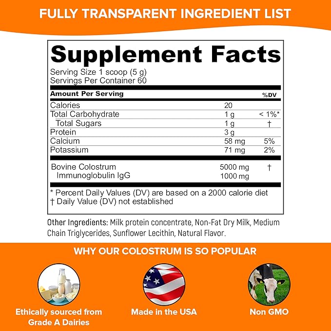 Pure Velvet Colostrum Powder for Gut Health Bloating Hair Growth Immune Support Bovine Cow Sourced Colostrum Protein Lactoferrin Supplement Contains Dairy with Immunoglobulins (IgG) (10 Ounce)