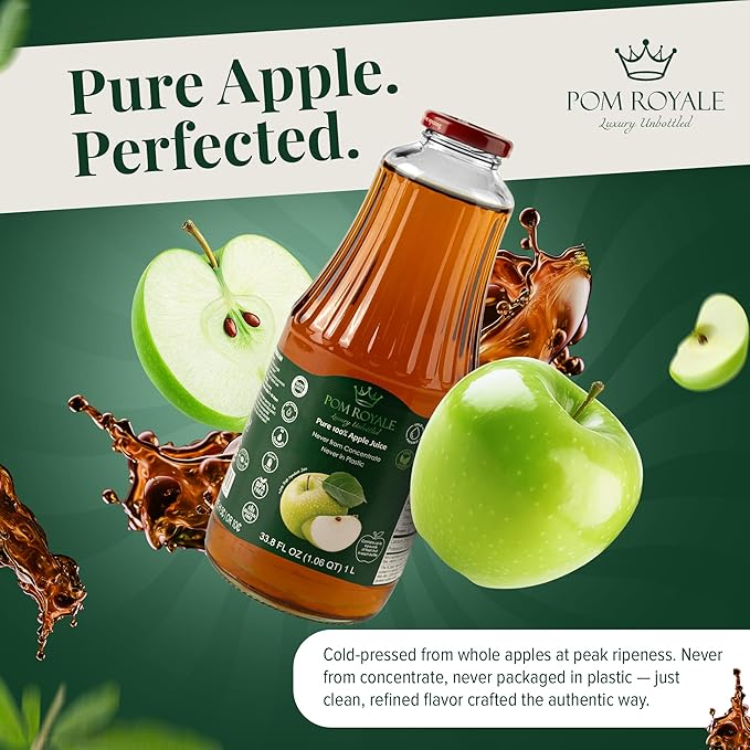 Pure Apple Juice 33.8oz Glass Bottle (Pack of 4) Cold Pressed Juice Not from Concentrate Non-GMO No Sugar Added Gluten Free Kosher Certified Preservative Free