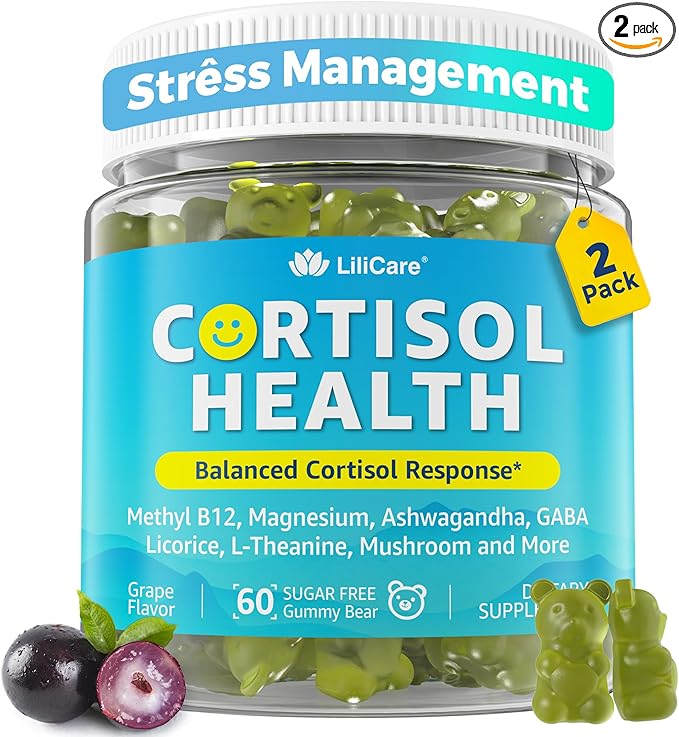 Cortisol Gummies for Women &amp Men Sugar Free Cortisol Reducer Supplements w/ Magnesium Ashwagandha Mushroom L-theanine Rhodiola Vitamin B6 B12 for Cortisol Detox Relax Sleep Support 2 Pack