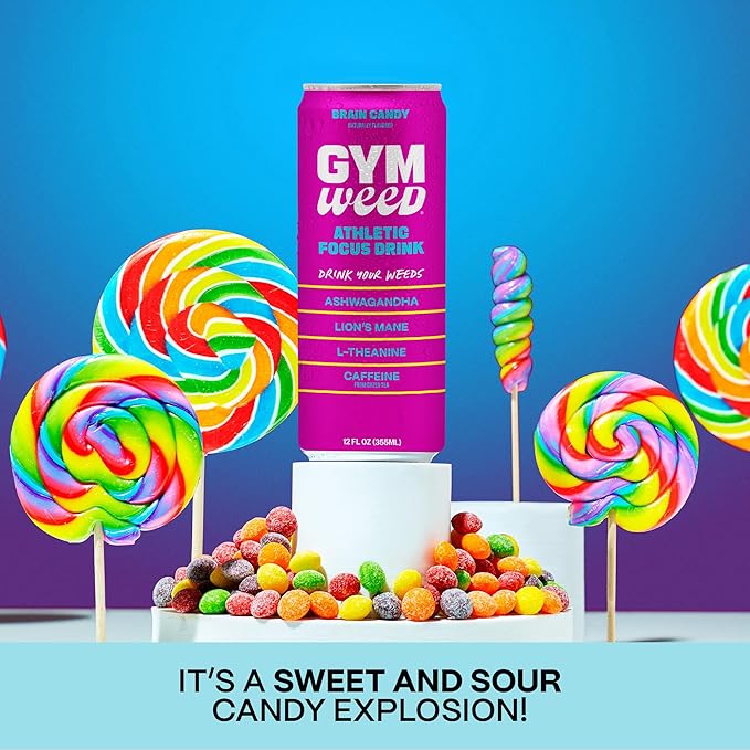 GYM WEED Athletic Focus Drink with KSM-66 Ashwagandha Lion's Mane Mushroom L-Theanine 200mg Green Tea Caffeine with Natural Sweeteners Brain Candy Flavor 12 Pack
