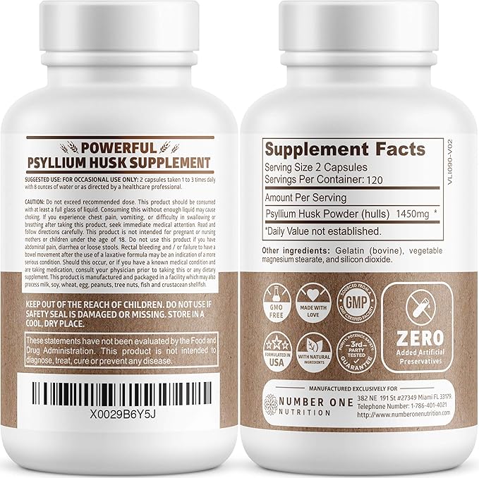 Number One Nutrition N1N Premium Psyllium Husk Capsules [All Natural1450 MG] Powerful Soluble Fiber Supplement to Support Regularity and Digestive Health 240 Caps