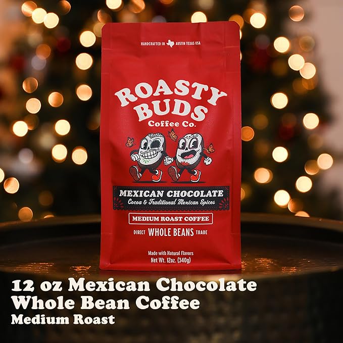 Roasty Buds Mexican Chocolate Whole Bean | Café Mexicano 100% Arabica Coffee Natural Cinnamon Flavors (12 oz) | Gluten-Free Non-GMO No Sugar | Medium Roast (12 Ounce Mexican Chocolate Whole Bean)