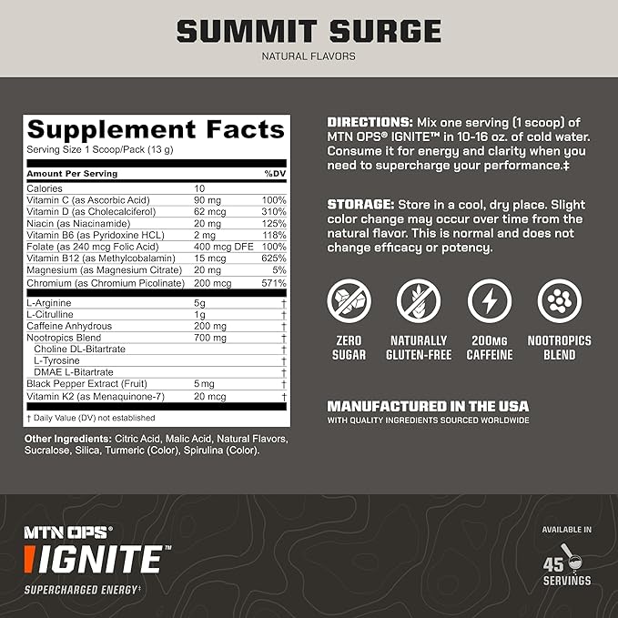 MTN OPS Ignite Sugar Free Energy Drink Powder Trail Packs with 200mg Caffeine Travel Pre Workout Packets for to-Go Energy Nootropic Blend L Arginine &amp L Citrulline 20 Servings Hush Summit Sur