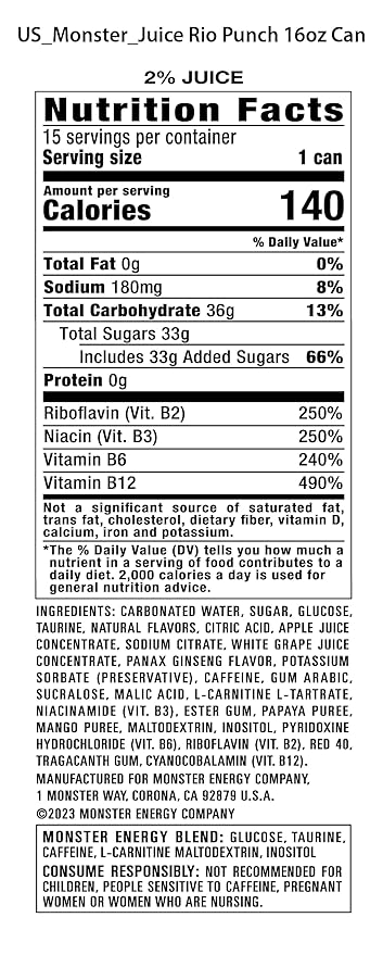 Monster Energy Juice Rio Punch Energy Drink 16 Ounce | Energy + Juice Pack of 15