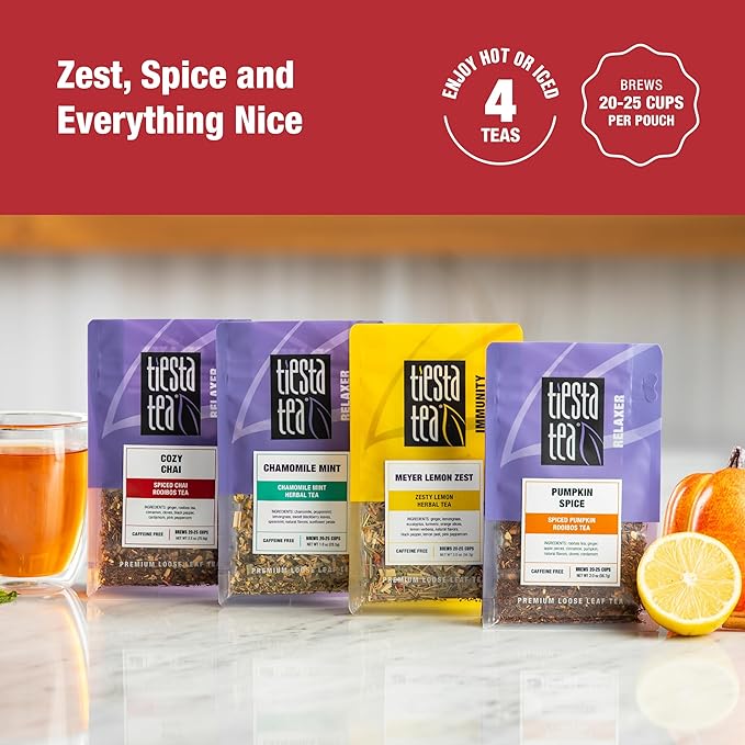 Tiesta Tea - 4 Autumnal Tea Blends Loose Leaf Premium Blend Non-Caffeinated Make Hot or Iced Pouch of Pumpkin Spice Cozy Chai Chamomile Mint Meyer Lemon Zest Pack of 4