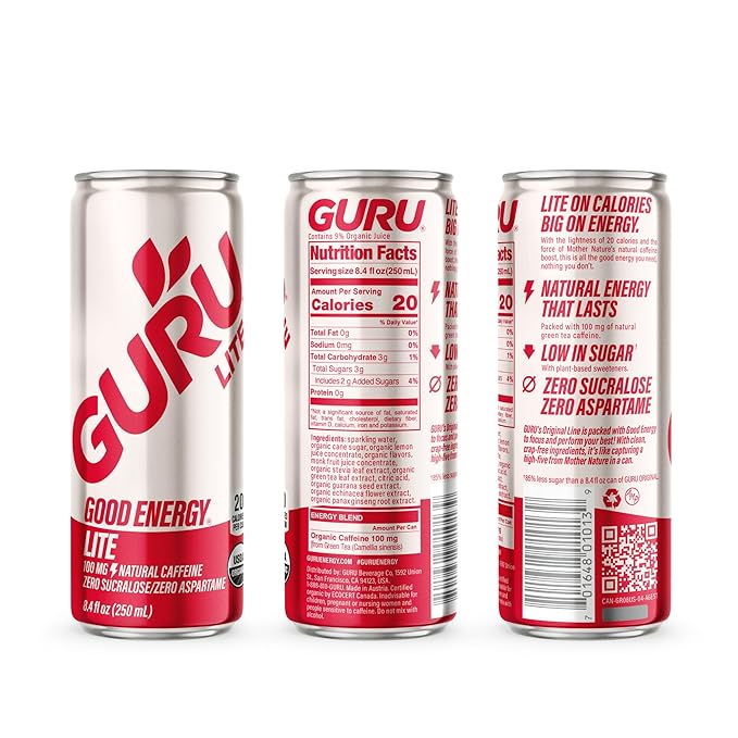 GURU Organic Energy Drinks Variety Pack Clean Energy Drink with Plant Based Natural Caffeine from Green Tea Gluten Free and Vegan 140MG Caffeine Healthy Drinks 12 oz (Pack of 12)