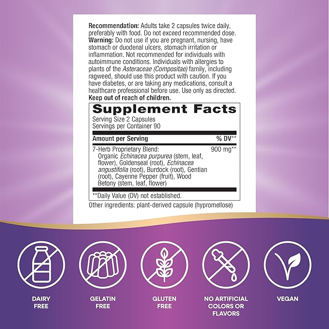 Nature's Way Echinacea Goldenseal - 900 mg Echinacea 7 Herb Blend per 2-capsule serving - For Immune Support* - With Cayenne Pepper Gentian &amp Burdock - Gluten Free - 180 Vegan Capsules (Pack of 2