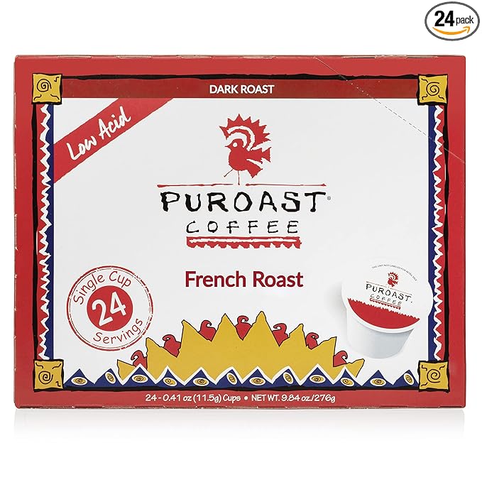 Puroast Low Acid Coffee Single-Serve Pods French Roast Certified Low Acid Coffee - pH above 5.5 Dark Roast Original (24 Count)- Gut Health Higher Antioxidant Roasted with Clean Energy - Compati