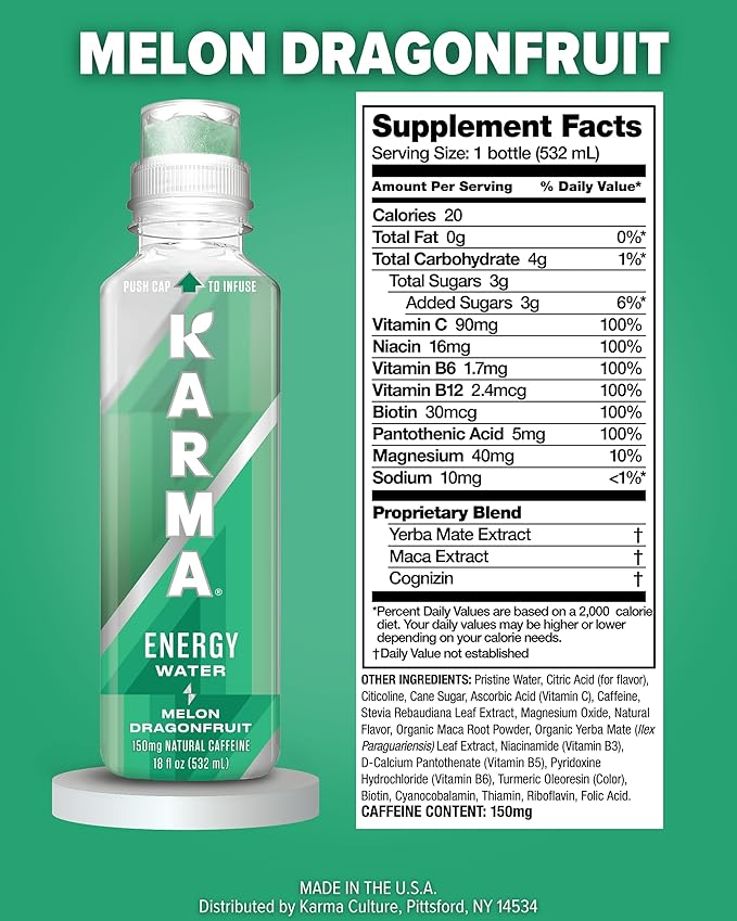 Karma Energy Drink – 12 Pack Melon Dragonfruit Caffeinated Water with Cognizin® Nootropics Vitamins &amp Immune Support Low Calorie