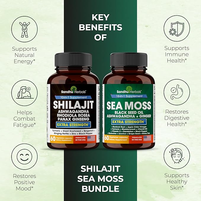 Shilajit Sea Moss Ashwagandha Combo Bundle - Black Seed Oil Turmeric Rhodiola Rosea Panax Ginseng Supplement | 120 Capsules Better Than Gummies Resin | Seamoss for Men &amp Women