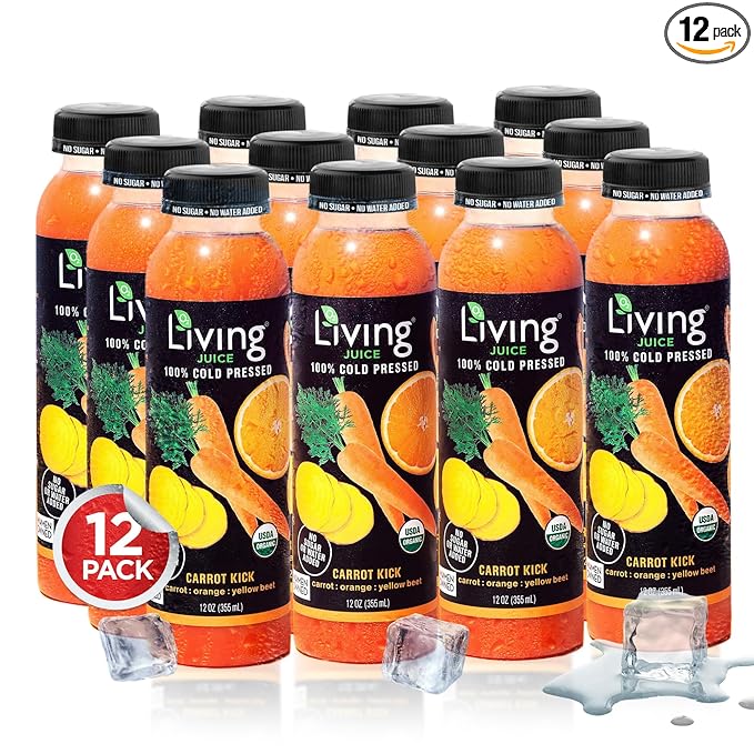 O2 Living Juice Cold Pressed Drink - Carrot Kick Organic Juice Pack - No Added Sugars or Water Naturally Sweetened from Fruits Rich in Nutrients &amp Vitamins - Refreshing &amp Non-GMO - 12 fl oz