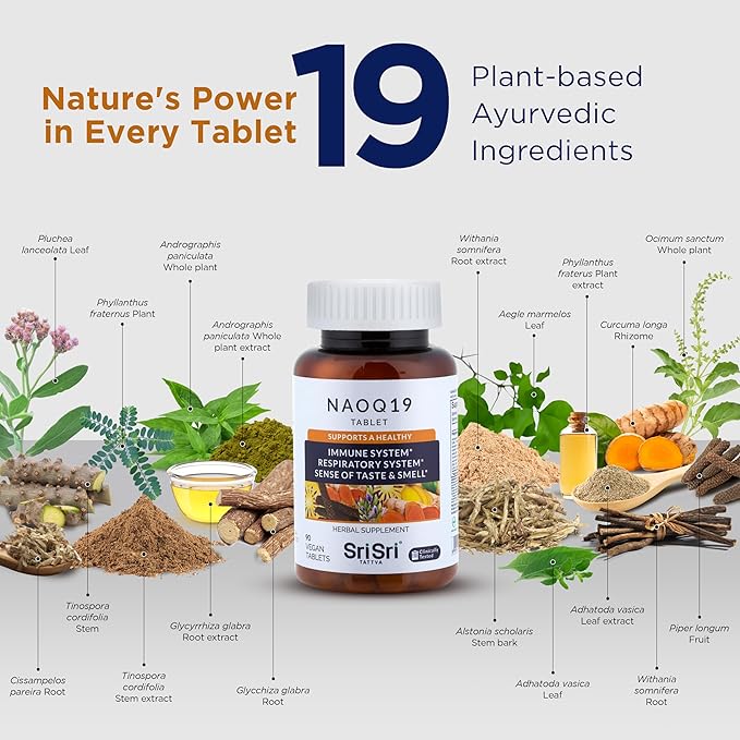 SRI SRI TATTVA NAOQ19 Immunity Support – Ayurvedic Herbal Supplement with Ashwagandha Turmeric Licorice Tulsi Andrographis – Respiratory &amp Adrenal Support – 19 Herbs &amp Adaptogens – 90 Caps