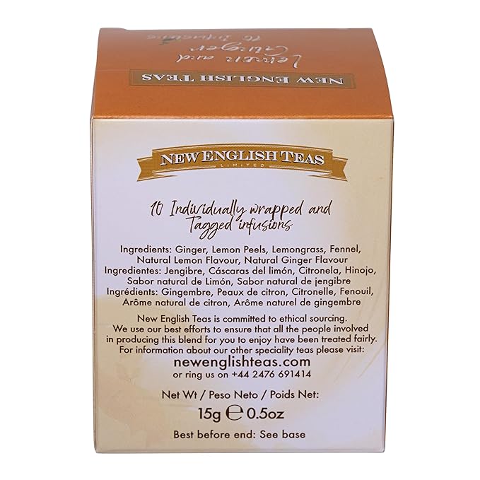 New English Teas Fruit &amp Herbal Tea 120 Teabags 12 Packs of 10 Individually Wrapped Tea Bags Naturally Caffeine Free (Lemon &amp Ginger)