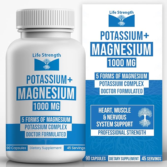 Life Strength Potassium Magnesium Supplement 1000mg (90 Caps) – Potassium Magnesium Complex with Aspartate Glycinate Oxide Gluconate &amp Citrate – Muscle Heart &amp Electrolyte Support - 45-Day