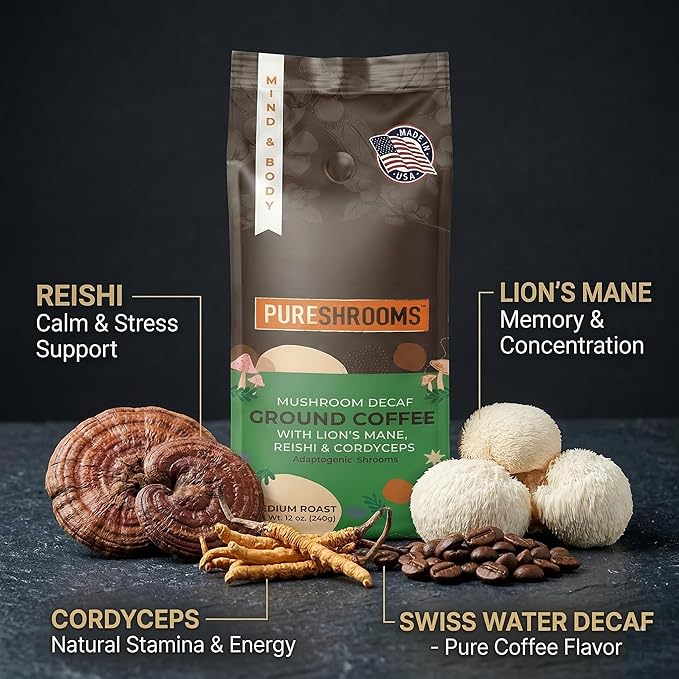 PureShrooms Decaf Mushroom Coffee | Single Origin Swiss Water Ground Infused with Organic Lion’s Mane Reishi &amp Cordyceps + L‑Theanine – Guatemala 12 oz Bag
