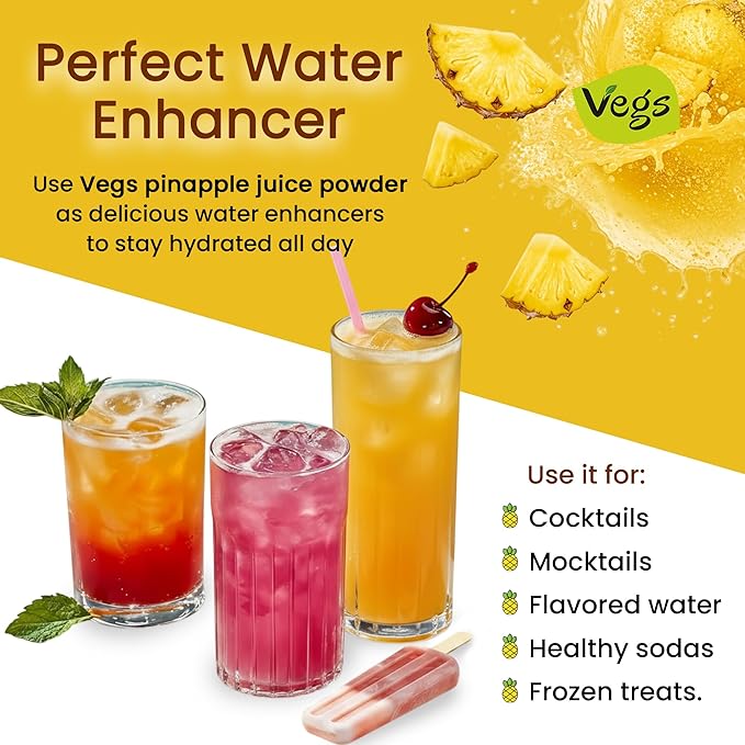 Vegs Pineapple Juice Powder - Freeze Dried Organic Pineapple Powder with Bromelain &amp Antioxidants - Sugar-Free Cold Pressed Tropical Fruit - Smoothies Drinks Cooking Baking - Vegan Non-GMO - 1