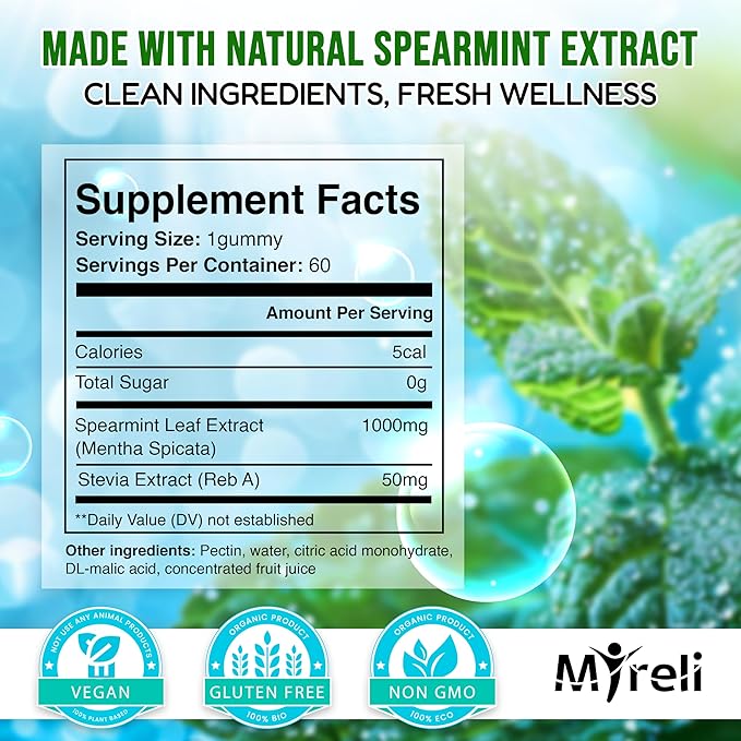 Spearmint Leaf Extract 1000 mg Gummies - Herbal Mentha Spicata Chews with High Strength Botanical Extract for Daily Balance Digestive Comfort Breath Support and Focus 60 Vegan Chewables