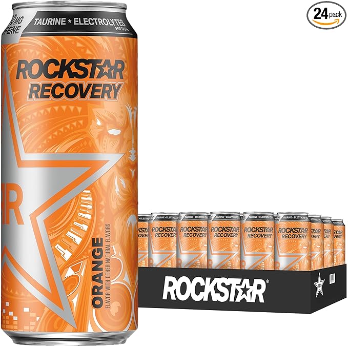 Rockstar Energy Drink Caffeine and Electrolytes (Packaging May Vary) Orange  Recovery Orange 16 Fl Oz (Pack of 24)