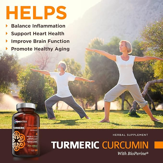 OmniBiotics Organic Turmeric Curcumin Supplement with Black Pepper Extract – 1500mg Turmeric with 95% Curcuminoids &amp BioPerine High Absorption for Joint Support – 120 Vegan Capsules