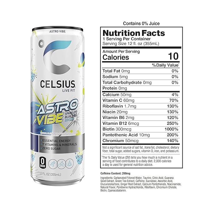 CELSIUS ASTRO VIBE Sparkling Blue Razz Sugar Free Energy Drink 12 Fl Oz (Pack of 12)