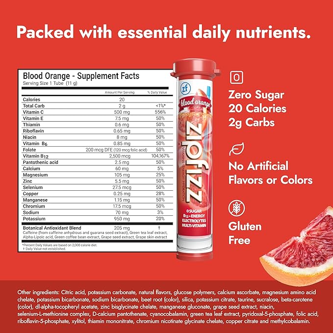 Zipfizz Daily Energy Drink Powder Blood Orange 20 Pack | 3-in-1 Sustained Energy Rapid Hydration and Essential Vitamins | Sugar-Free | Electrolyte Powder | Contains Vitamin B-12 &amp Antioxidants