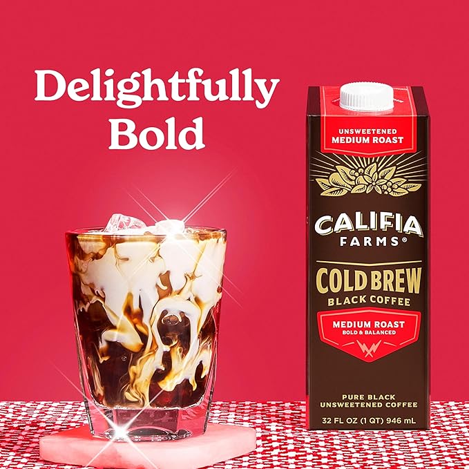 Califia Farms - Pure Black Medium Roast Cold Brew Coffee 32 Oz (Pack of 12) 100% Arabica Shelf Stable Plant Based Vegan Gluten Free Non GMO Sugar Free Iced Coffee