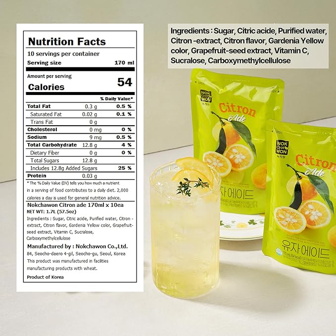 [Nokchawon] Korean Yuzu Juice Drink Pouch - Honey Citron Tea Flavored Ade for Ice Cups and Cocktails - Ready to Serve Citrus Beverage for Spring Refreshment - 10 Pack