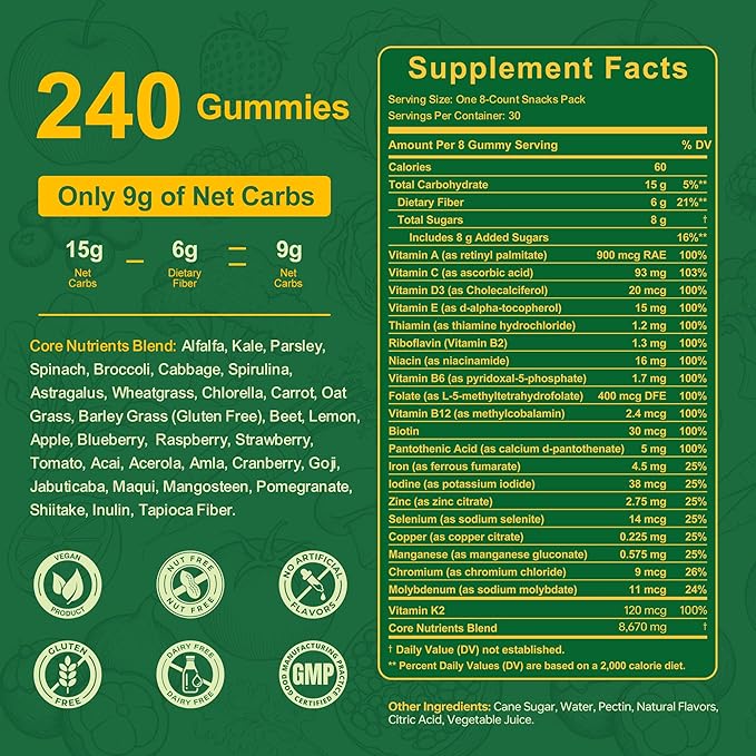 Greens Daily Gummies Super Greens Gummies for Adults Superfood Multivitamin Gummy with Spirulina Chlorella Prebiotic Fiber Fruit Veggie for Digestive &amp Gut Health Adaptogens Supplement 240 C