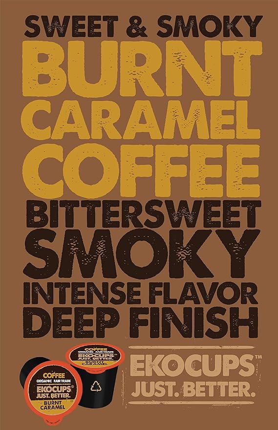 EKOCUPS Organic Burnt Caramel Flavored Coffee Pods Extra 30% More Coffee Per Cup Artisan Fair Trade Dark Roast Carmel Coffee for Keurig K Cup Machines Recyclable Pods 40 Count